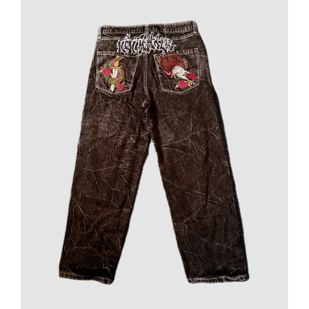 VTG  Ninth Hall Ambush Black Jeans 34 X 30 Eagle Snake Embroidered  Wide Leg Y2K